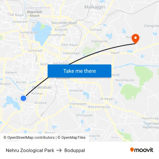 Nehru Zoological Park to Boduppal map