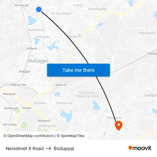 Neredmet X Road to Boduppal map