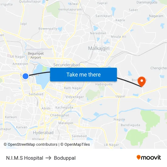 N.I.M.S Hospital to Boduppal map