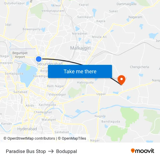 Paradise Bus Stop to Boduppal map