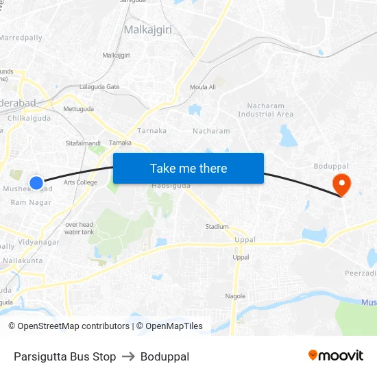 Parsigutta Bus Stop to Boduppal map