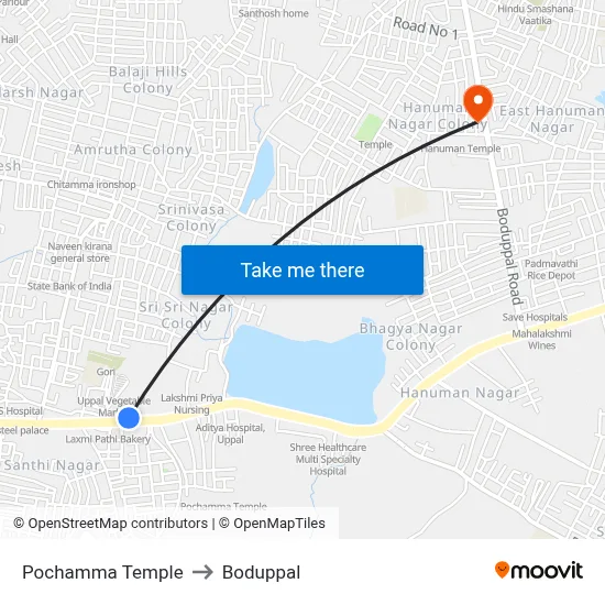 Pochamma Temple to Boduppal map