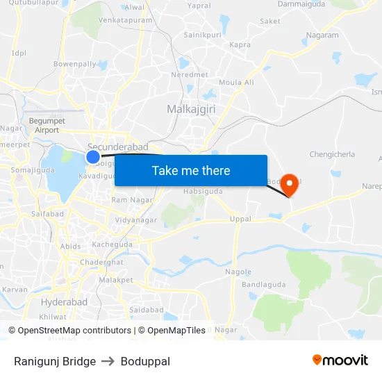 Ranigunj Bridge to Boduppal map