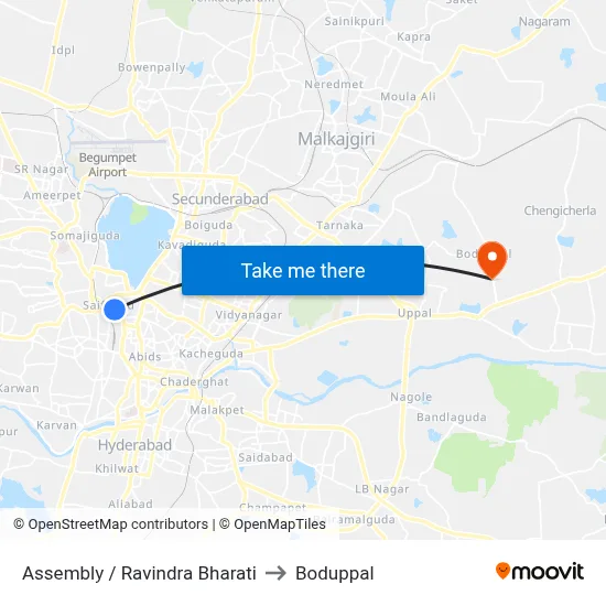 Assembly / Ravindra Bharati to Boduppal map