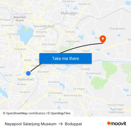 Nayapool Salarjung Museum to Boduppal map