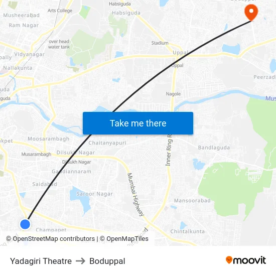 Yadagiri Theatre to Boduppal map