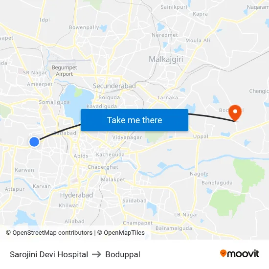 Sarojini Devi Hospital to Boduppal map