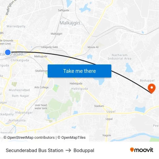 Secunderabad Bus Station to Boduppal map