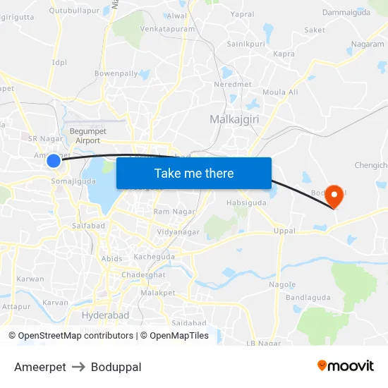 Ameerpet to Boduppal map