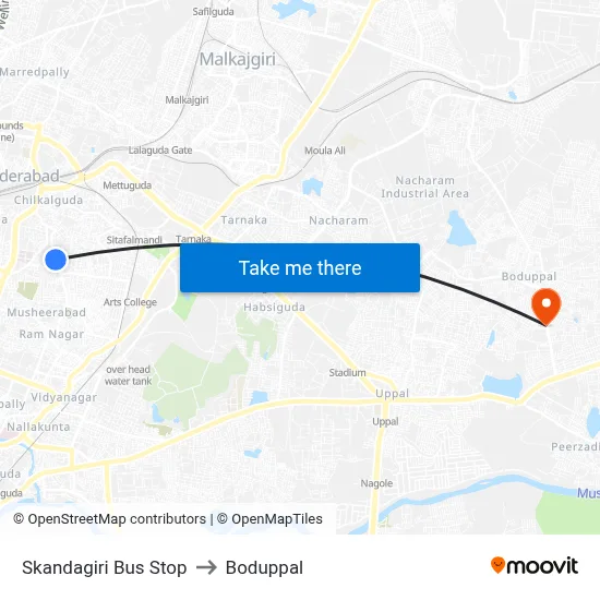 Skandagiri Bus Stop to Boduppal map