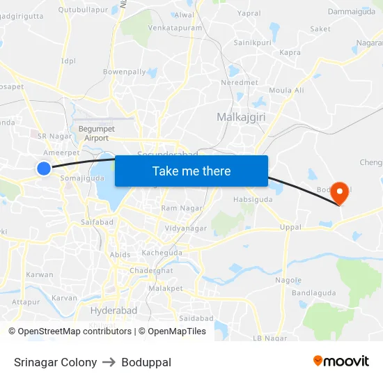 Srinagar Colony to Boduppal map