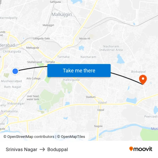 Srinivas Nagar to Boduppal map