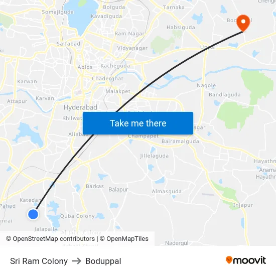 Sri Ram Colony to Boduppal map