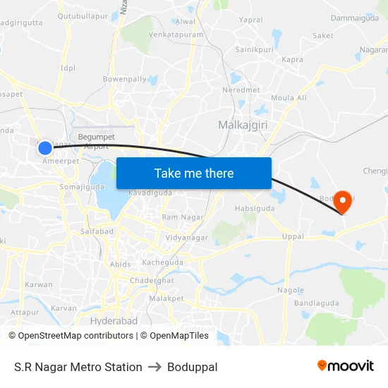 S.R Nagar Metro Station to Boduppal map