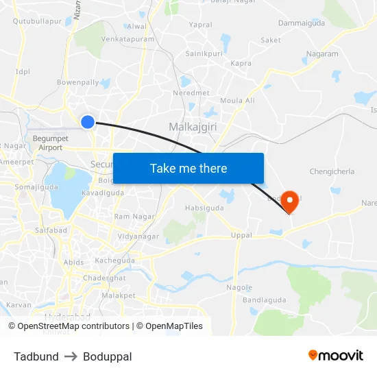 Tadbund to Boduppal map