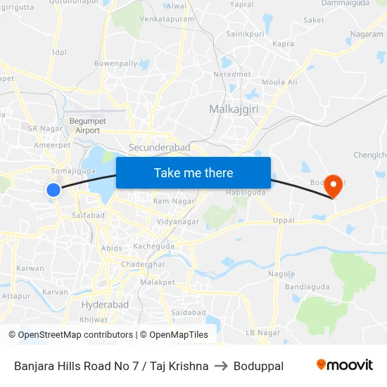 Banjara Hills Road No 7 / Taj Krishna to Boduppal map