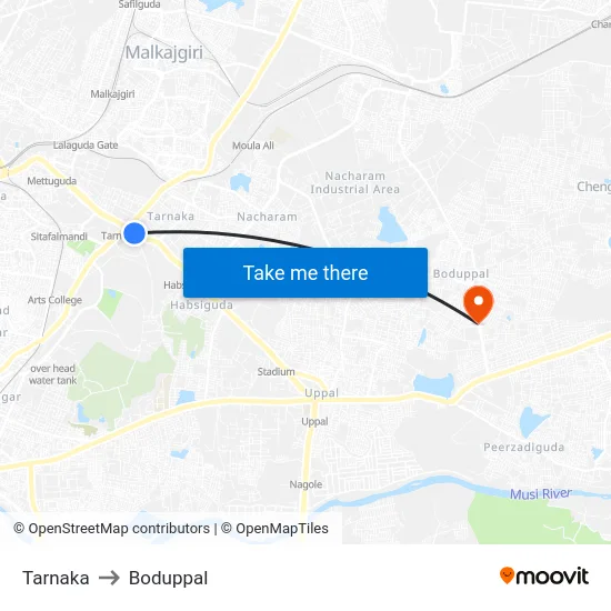 Tarnaka to Boduppal map