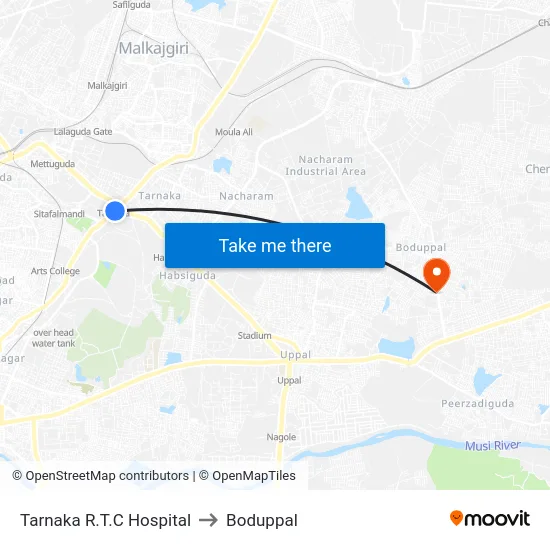 Tarnaka R.T.C Hospital to Boduppal map