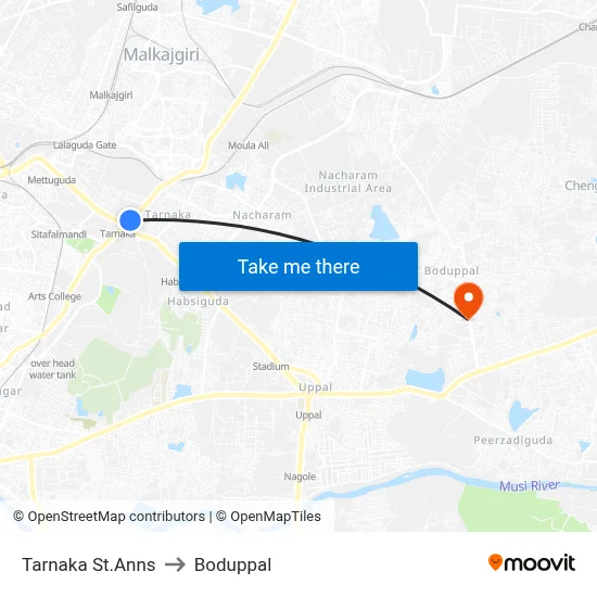 Tarnaka St.Anns to Boduppal map