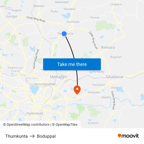 Thumkunta to Boduppal map