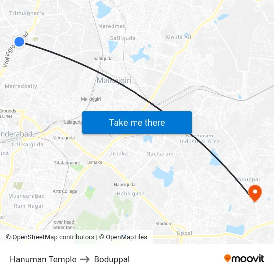 Hanuman Temple to Boduppal map