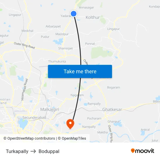 Turkapally to Boduppal map
