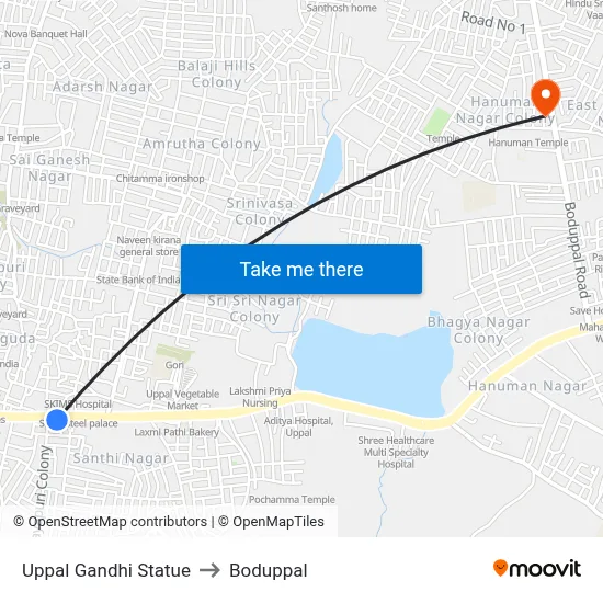Uppal Gandhi Statue to Boduppal map