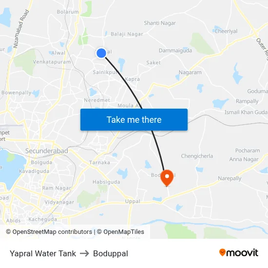 Yapral Water Tank to Boduppal map