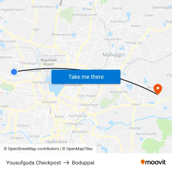 Yousufguda Checkpost to Boduppal map