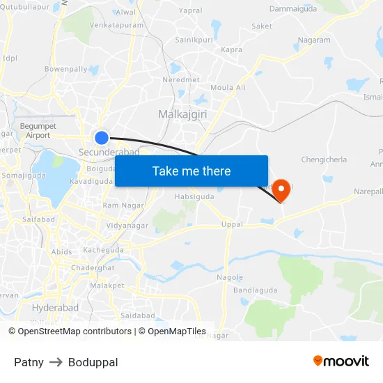 Patny to Boduppal map