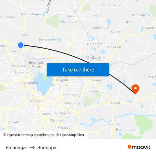 Balanagar to Boduppal map