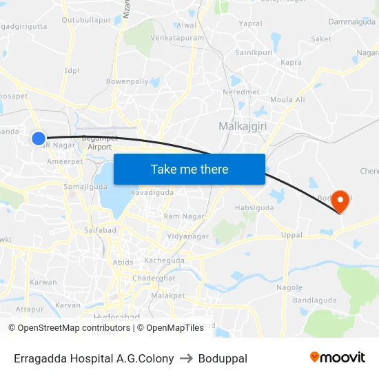 Erragadda Hospital A.G.Colony to Boduppal map