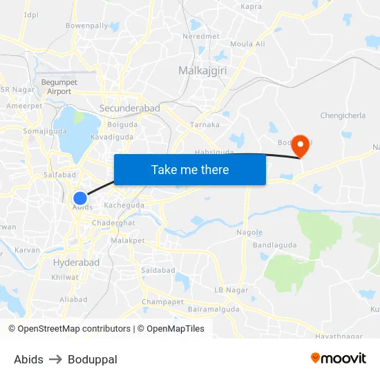 Abids to Boduppal map