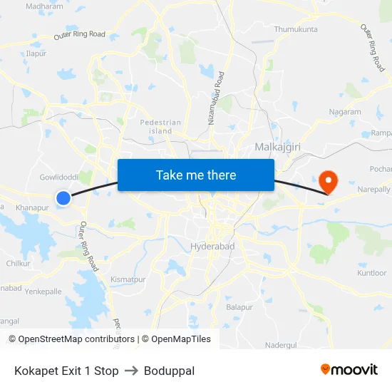 Kokapet Exit 1 Stop to Boduppal map