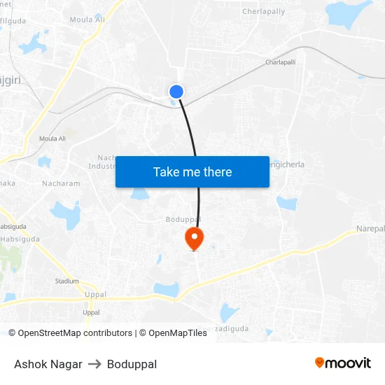 Ashok Nagar to Boduppal map