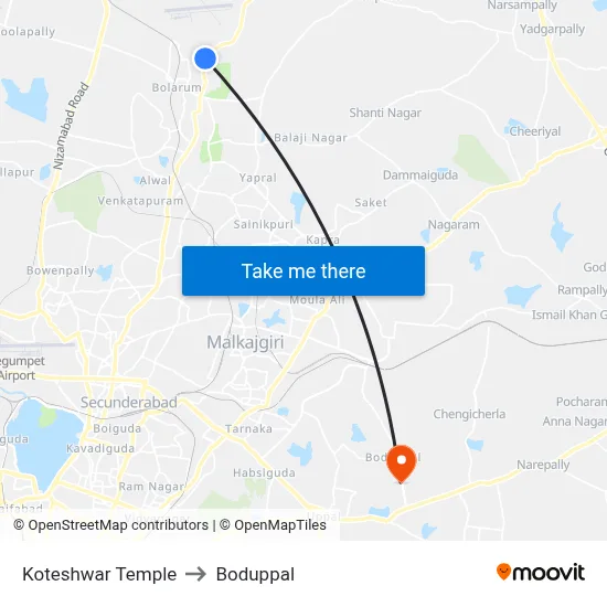 Koteshwar Temple to Boduppal map
