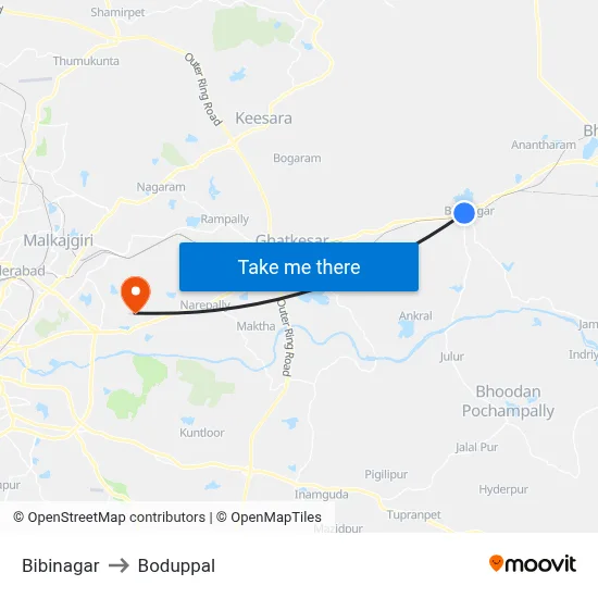 Bibinagar to Boduppal map