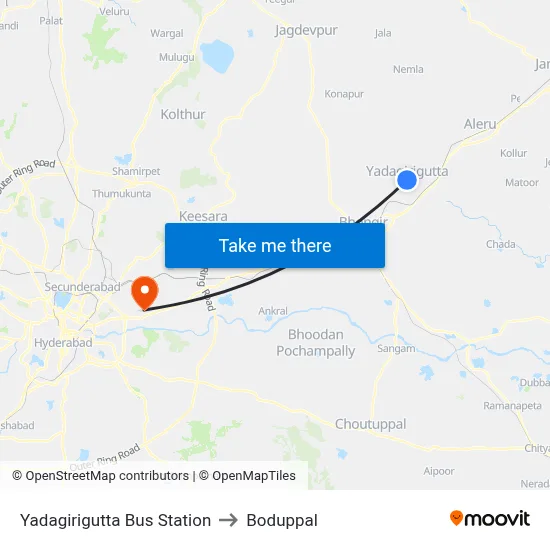Yadagirigutta Bus Station to Boduppal map