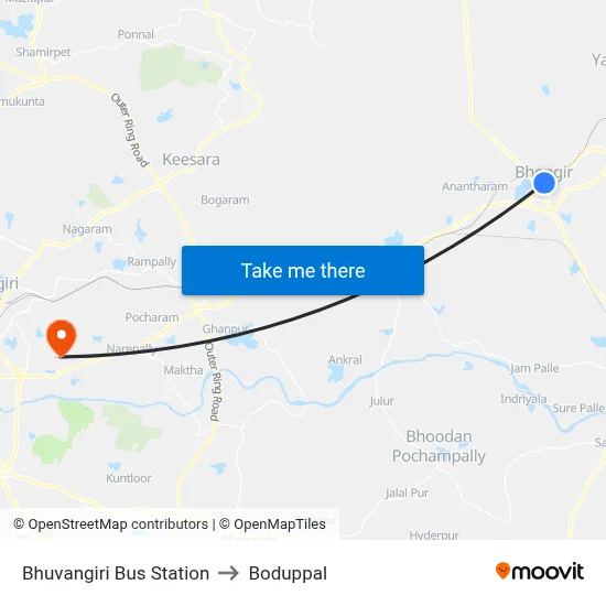 Bhuvangiri Bus Station to Boduppal map