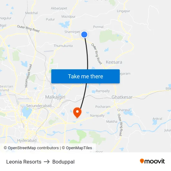 Leonia Resorts to Boduppal map