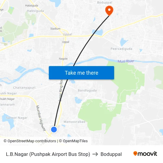 L.B.Nagar (Pushpak Airport Bus Stop) to Boduppal map
