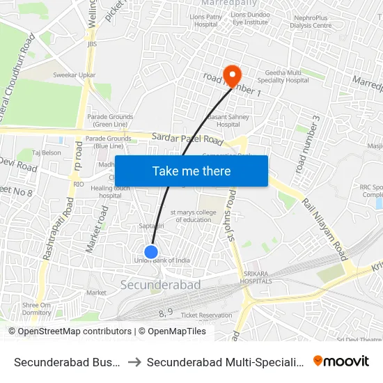 Secunderabad Bus Station to Secunderabad Multi-Speciality Hospital map
