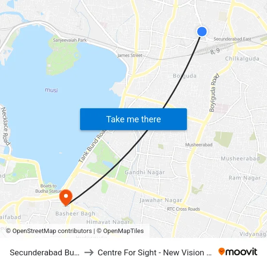 Secunderabad Bus Station to Centre For Sight - New Vision Laser Centers map