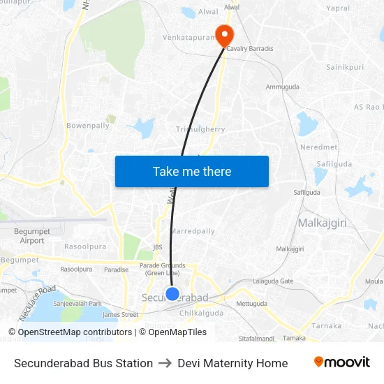 Secunderabad Bus Station to Devi Maternity Home map