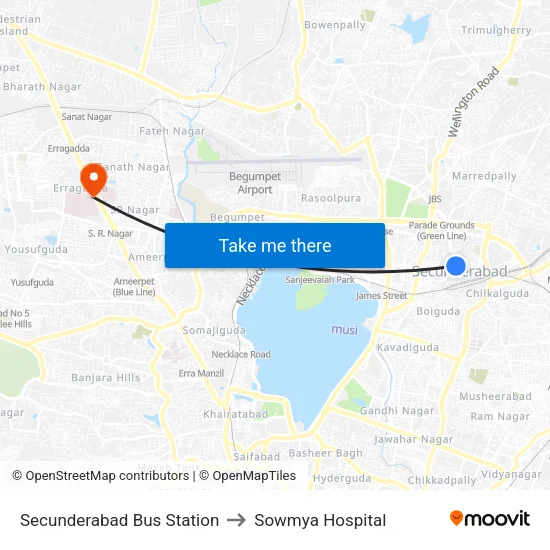 Secunderabad Bus Station to Sowmya Hospital map