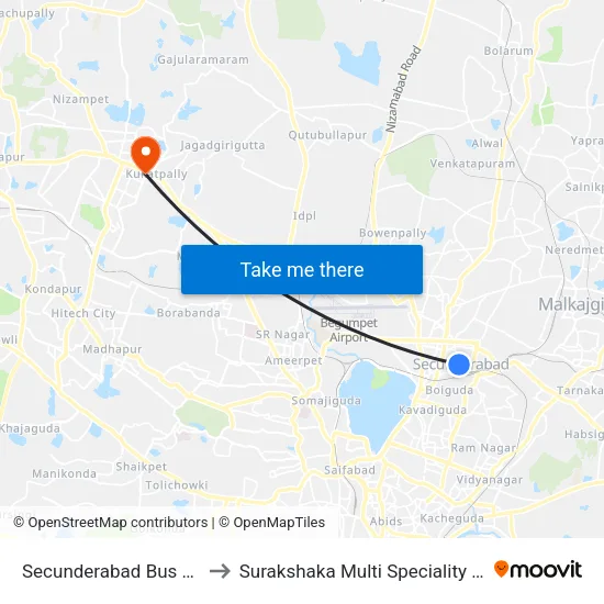 Secunderabad Bus Station to Surakshaka Multi Speciality Hospital map
