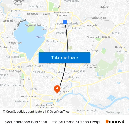 Secunderabad Bus Station to Sri Rama Krishna Hospital map