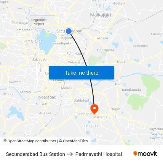 Secunderabad Bus Station to Padmavathi Hospital map