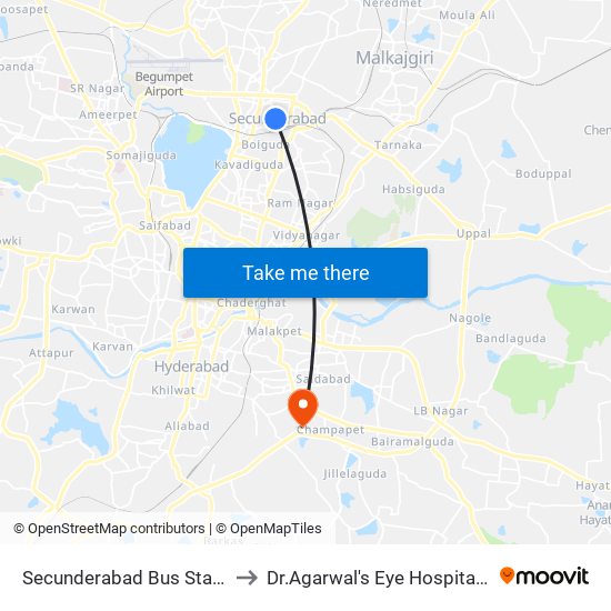 Secunderabad Bus Station (Gurudwara) to Dr.Agarwal's Eye Hospital - Santhosh Nagar map