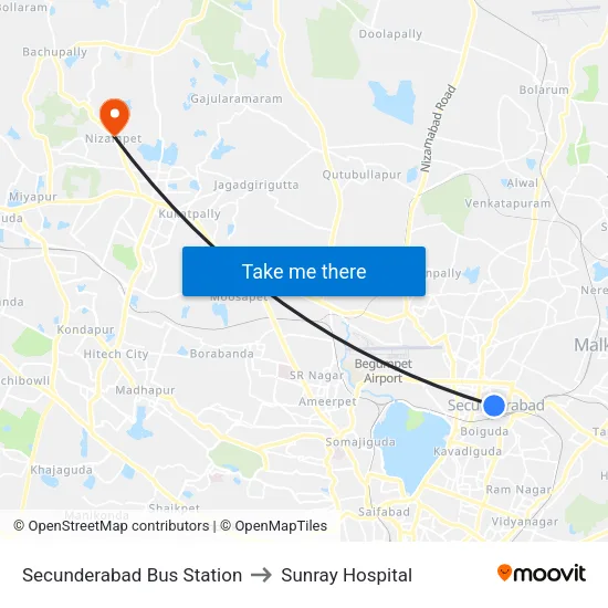 Secunderabad Bus Station to Sunray Hospital map